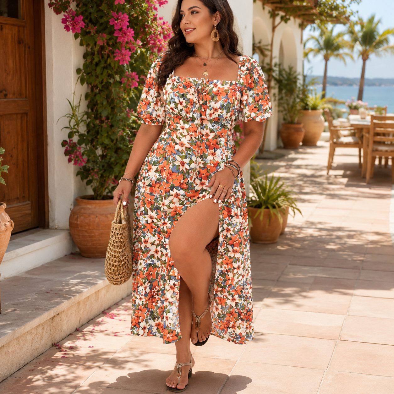 🌸 Effortless Elegance: Black Floral Puff Sleeve Slit Midi Dress ✨
