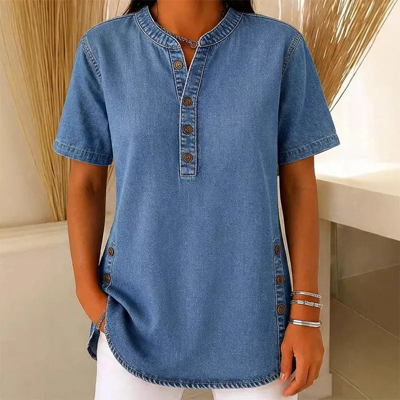 Tunique femme en denim léger à manches courtes et boutons décoratifs