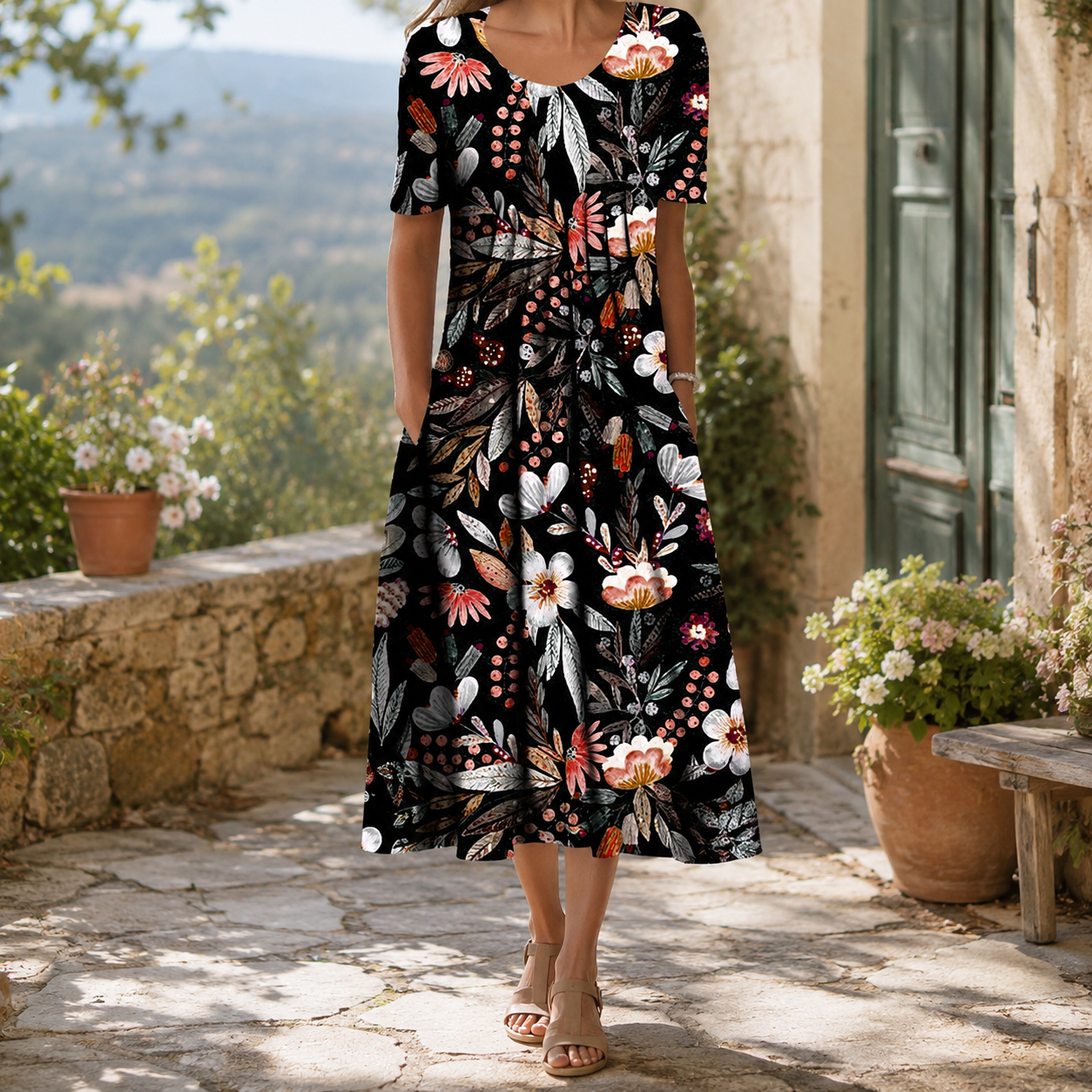 🌸 Luftiges Damenkleid mit floralen Designs und praktischen Taschen