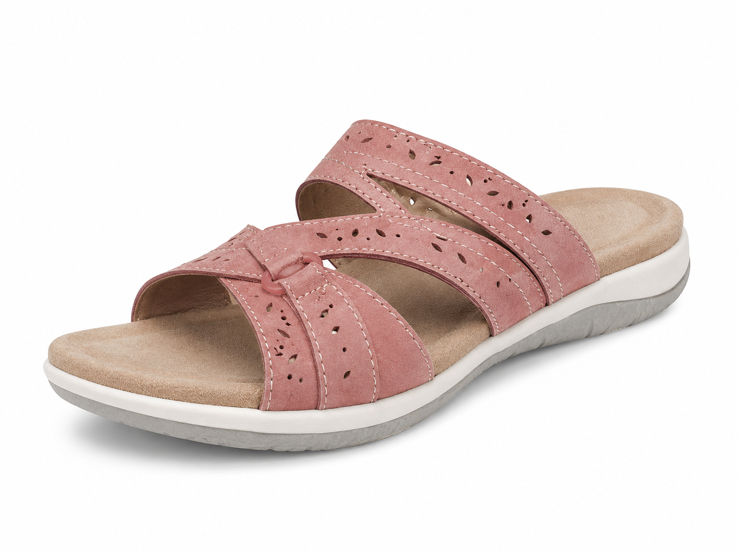Orthopedic Suede Slide Sandals - Perforated Cutout & Velcro Closure