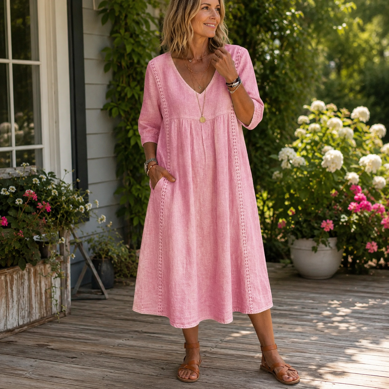 🌿 Effortless Elegance — Women’s Lace-Trim Midi Dress with Pockets ✨