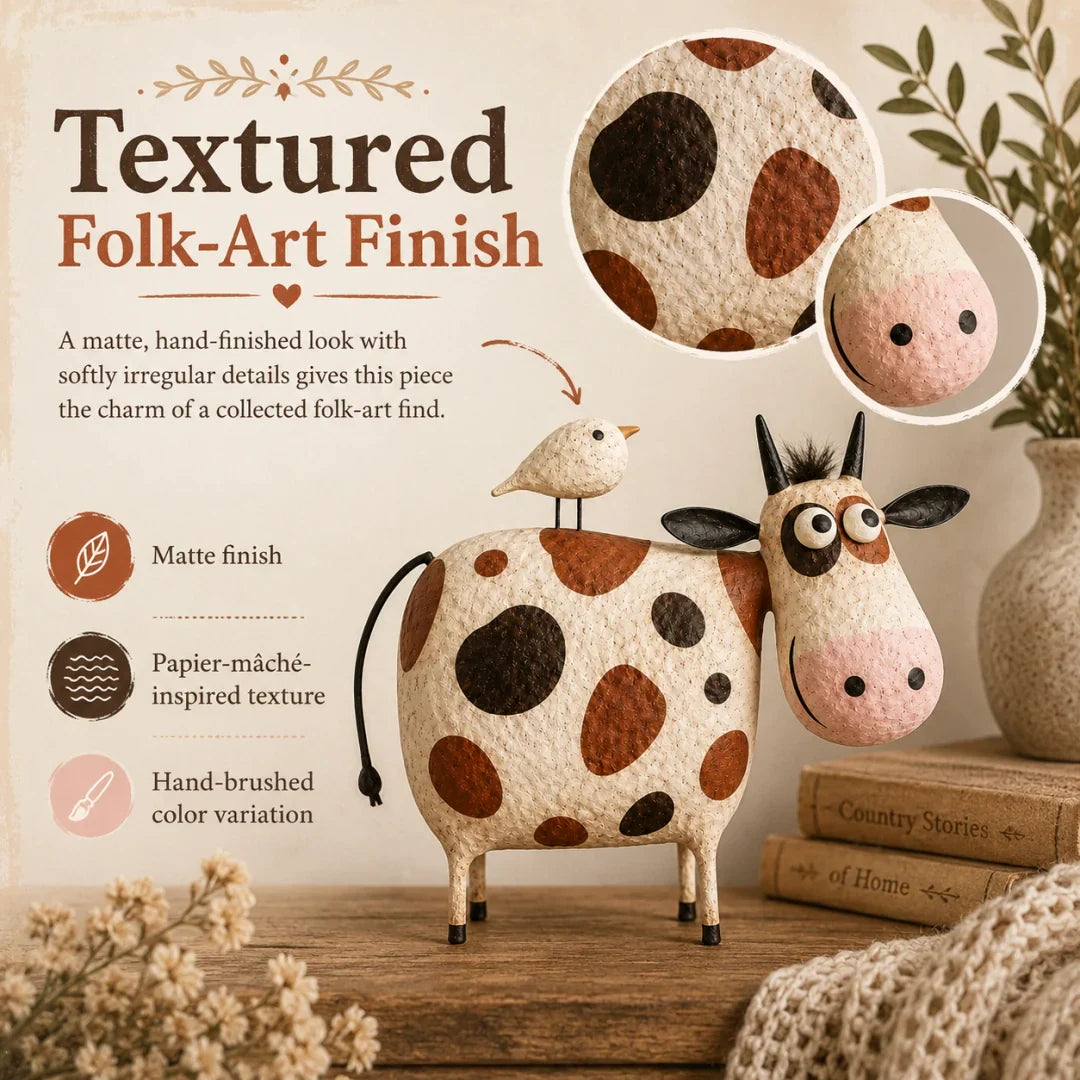 🐮 Whimsical Cow & Bird Folk Art Figurine – Charming Handmade-Inspired Decor for Your Home & Garden ✨