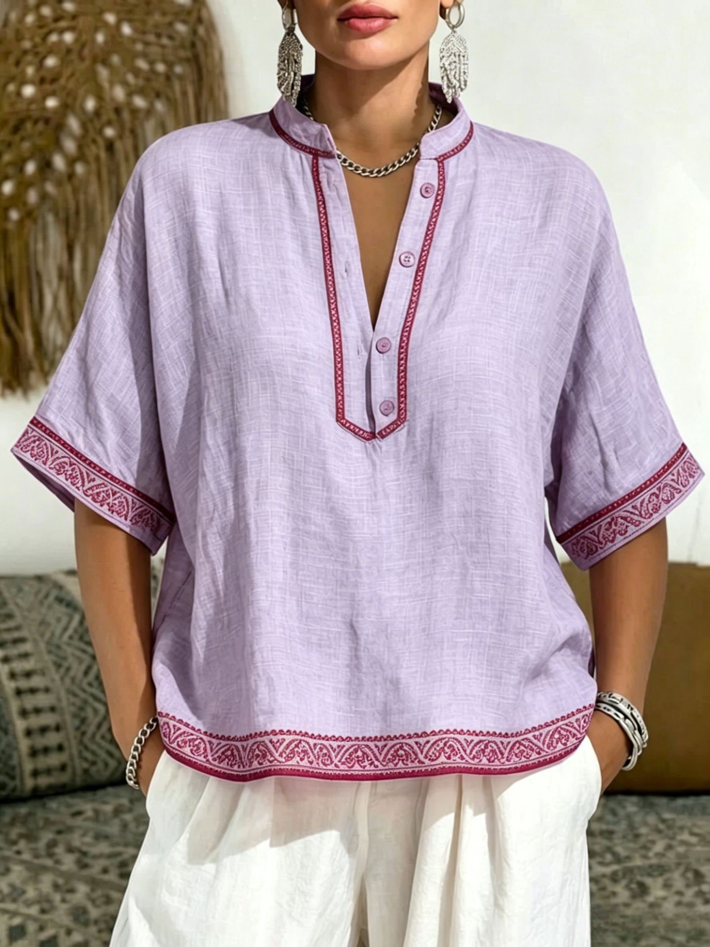 Women's Casual Linen Blend V-Neck Tunic Top – Relaxed Fit Short Sleeve Blouse