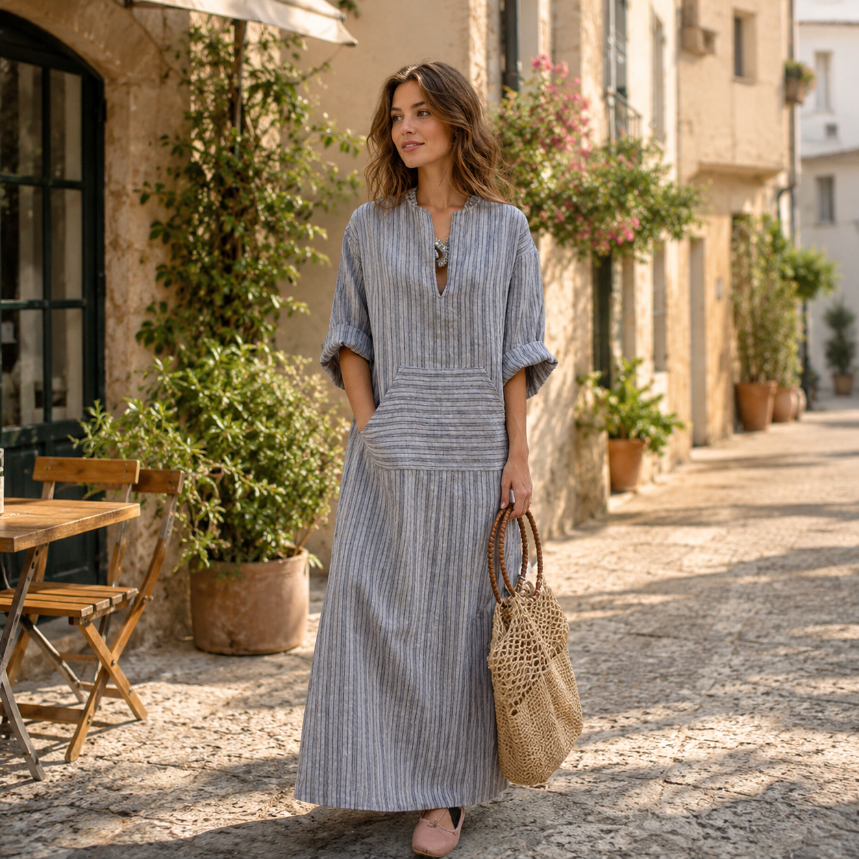 🌿 Luftiges gestreiftes Maxikleid mit lockerem Schnitt, Schlitz-Ausschnitt, Dreiviertelärmeln und praktischer Fronttasche – bequem, feminin  ✨