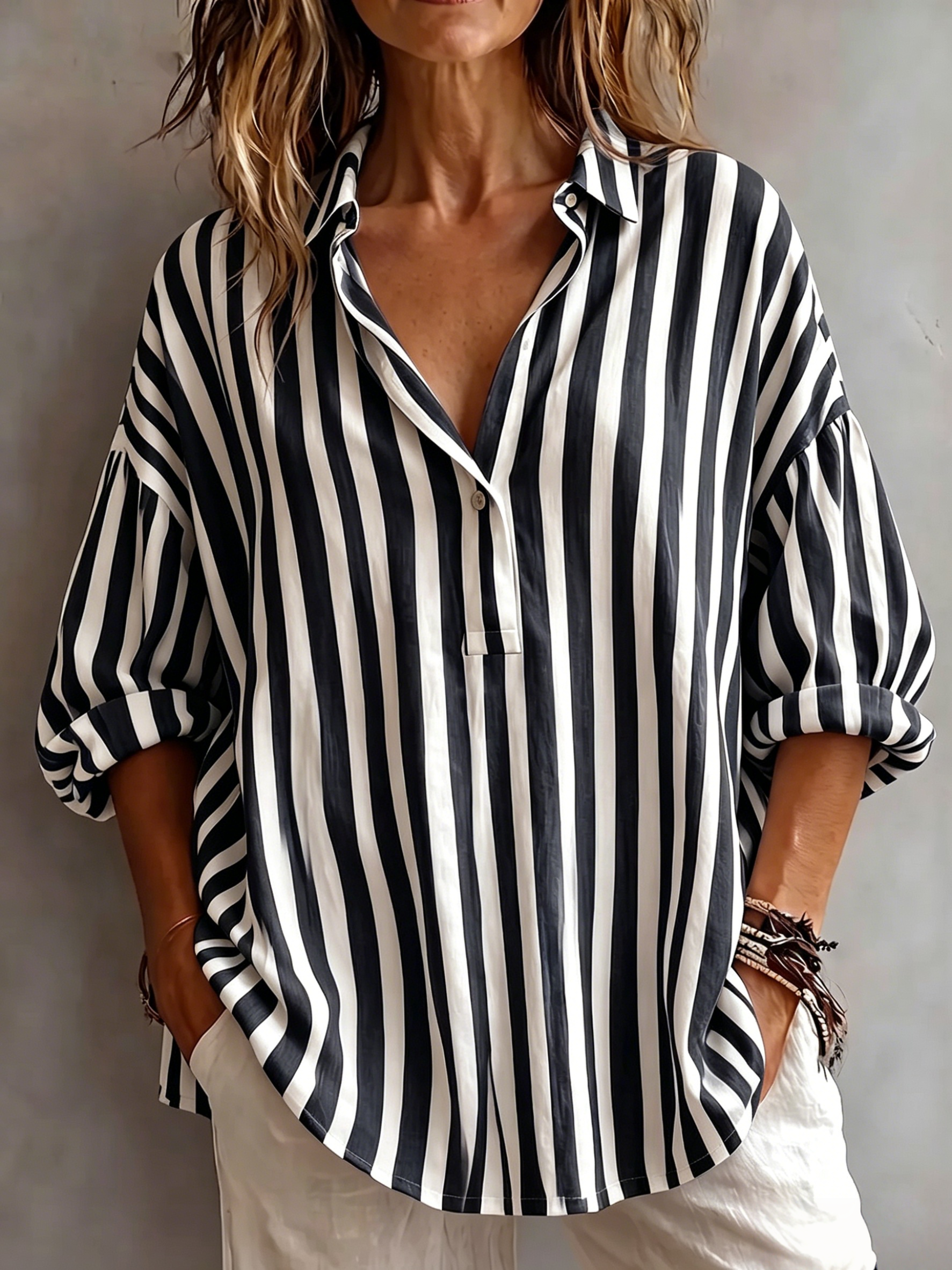 Casual Classic Striped Cotton Linen Blouse
