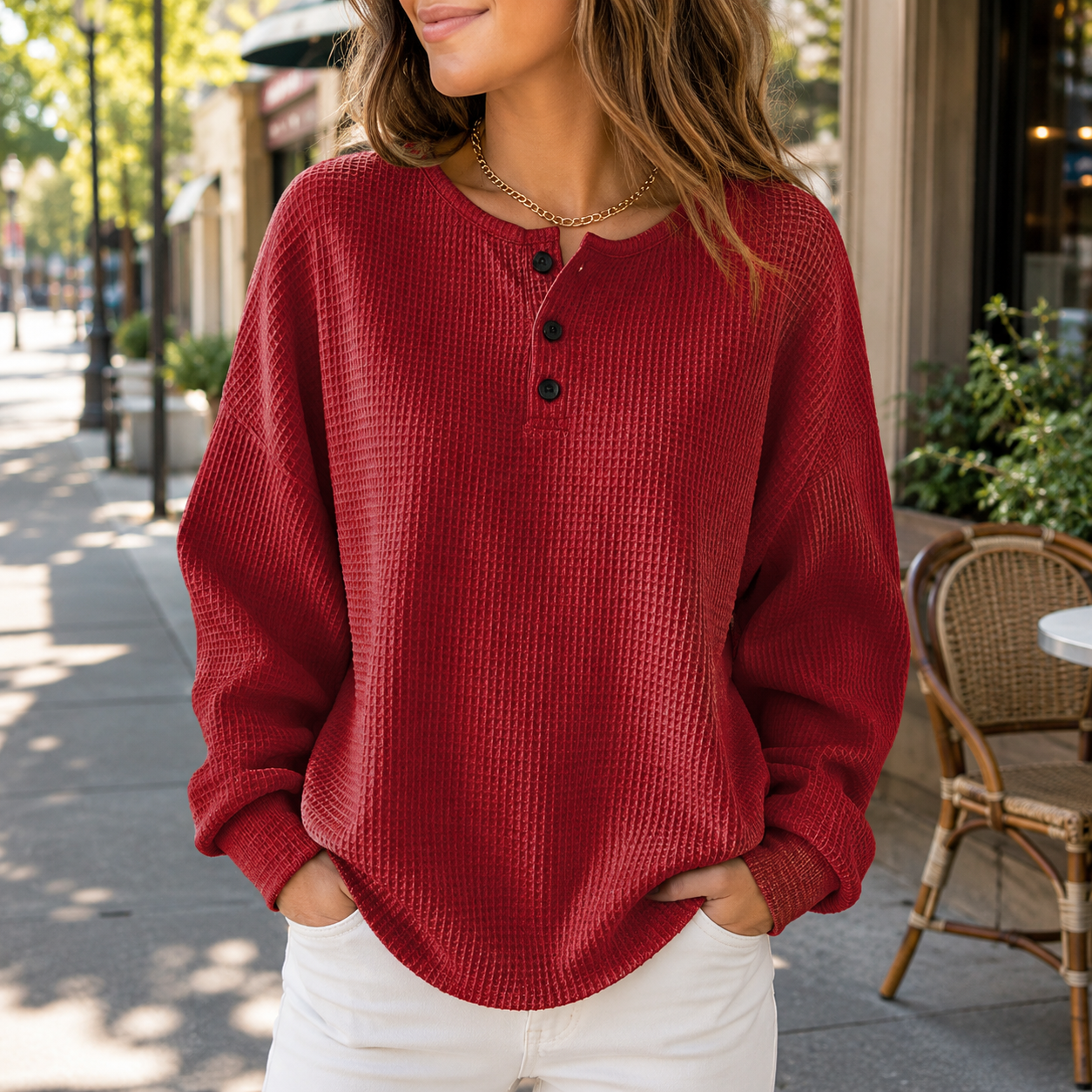 🍂 Cozy & Casual Women’s Waffle Henley Top – Relaxed Fit, S–5XL