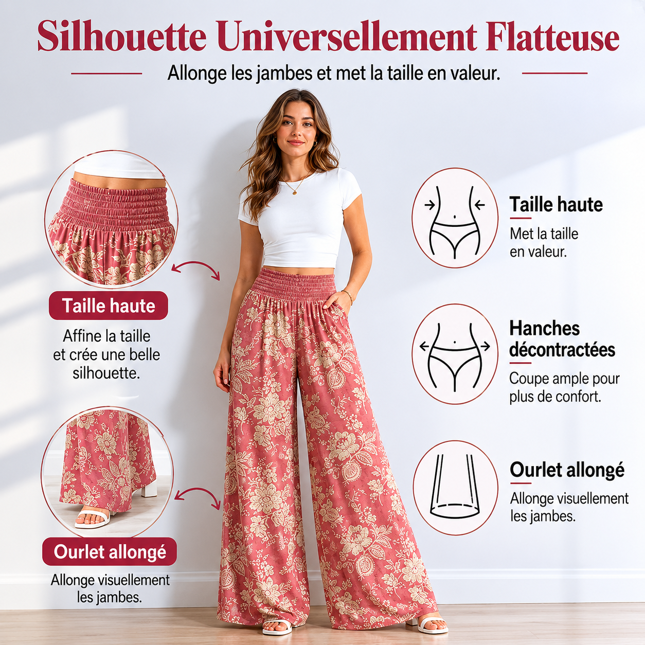 👖 50% DE RÉDUCTION ❤ Pantalon palazzo à jambes larges et imprimé floral pour femme – Tissu léger, taille élastique & coupe fluide – parfait pour l’été, la plage ou un look bohème chic 🌸