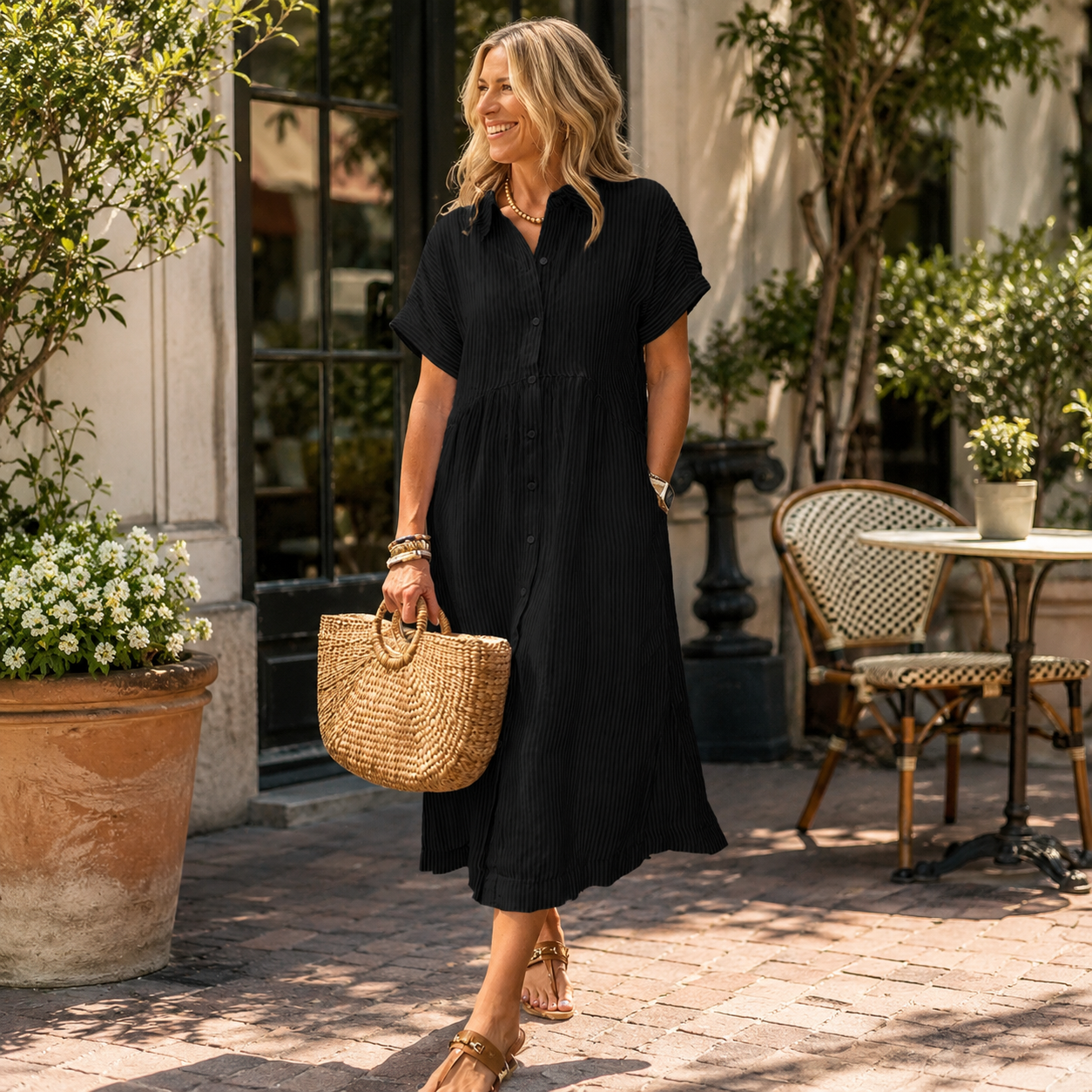☀️ Effortless Striped Button-Front Midi Dress – Breezy Everyday Style 🌿