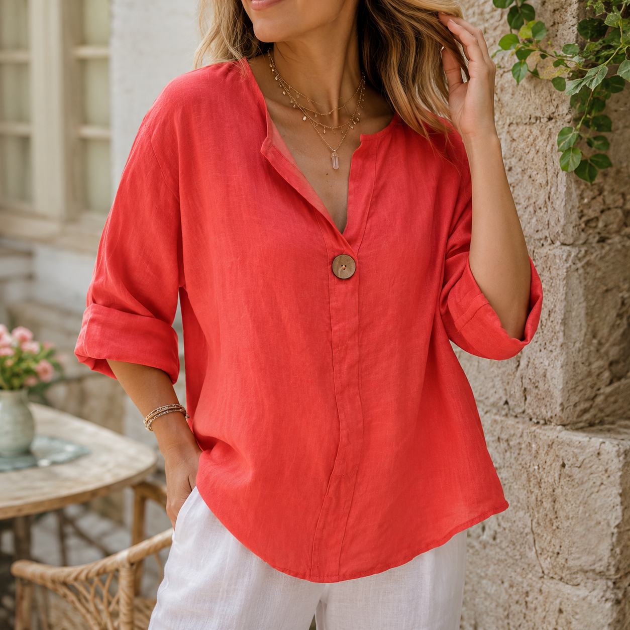 Airy Lightweight Women's Linen-Look Blouse with Relaxed Fit, Open Neckline & Decorative Button