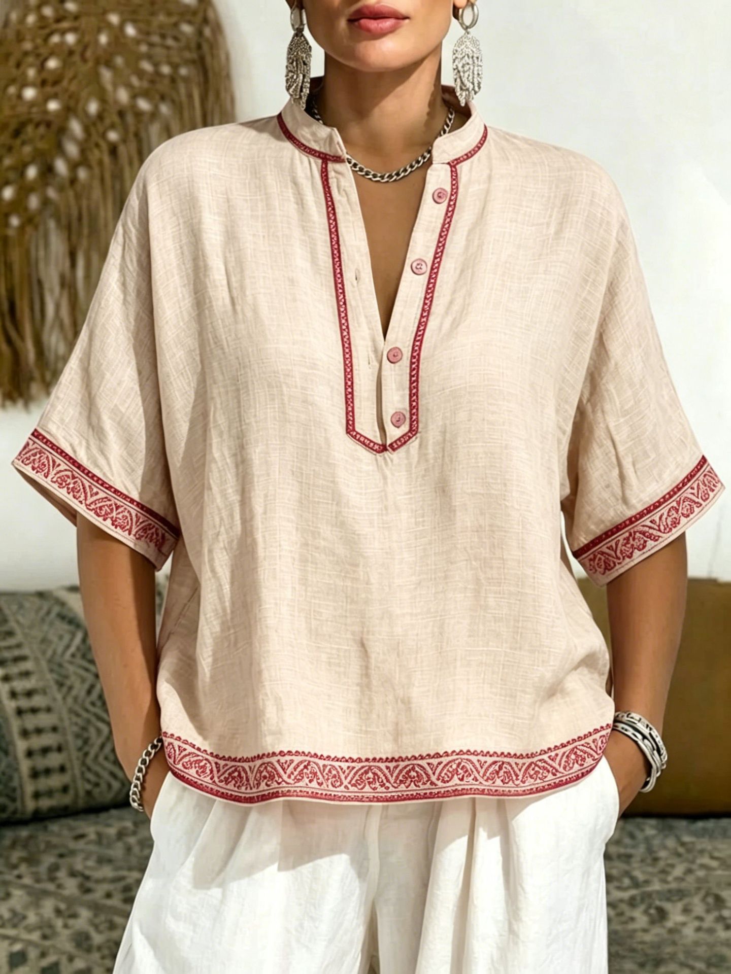 Women's Casual Linen Blend V-Neck Tunic Top – Relaxed Fit Short Sleeve Blouse