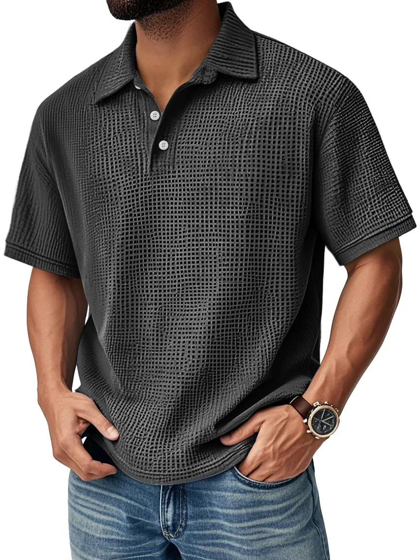 Men's Textured Grid-Pattern Short-Sleeve Polo Shirt