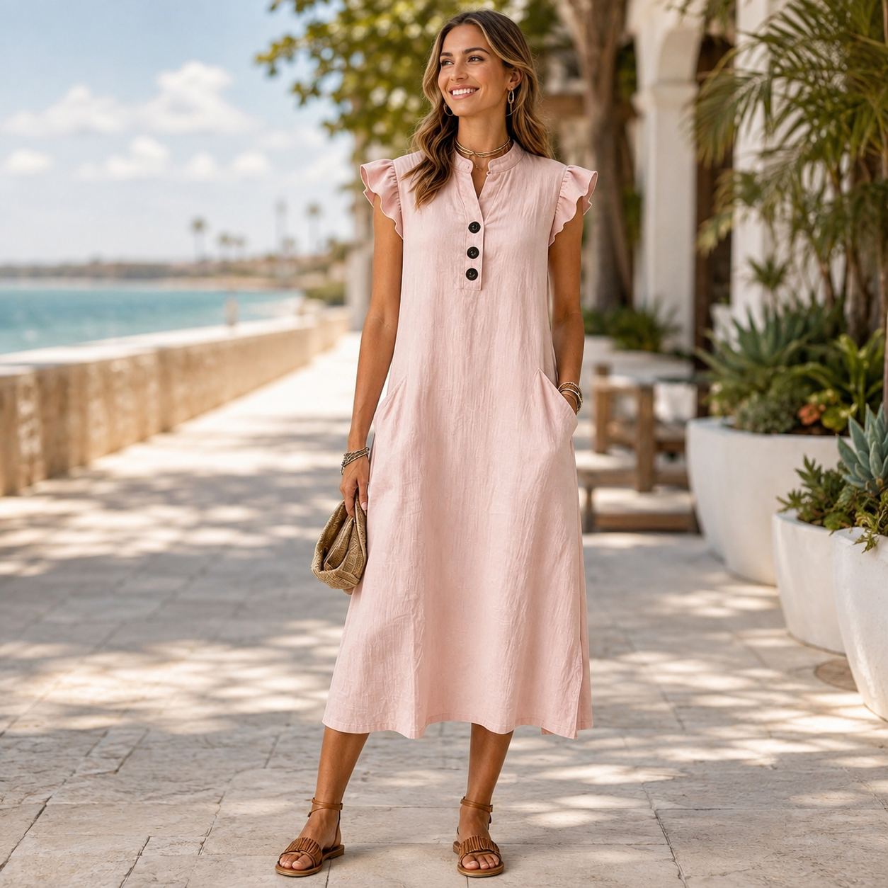 🌿 Women’s Breezy Flutter Sleeve Button-Front Midi Dress with Pockets