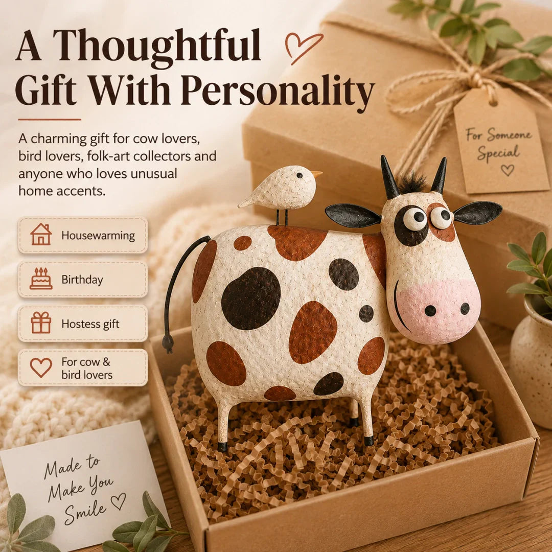 🐮 Whimsical Cow & Bird Folk Art Figurine – Charming Handmade-Inspired Decor for Your Home & Garden ✨