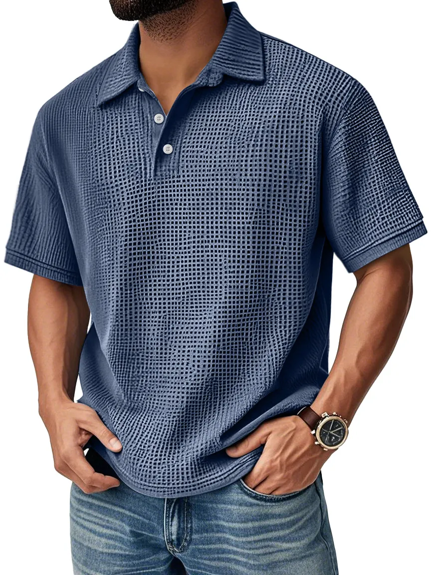 Men's Textured Grid-Pattern Short-Sleeve Polo Shirt