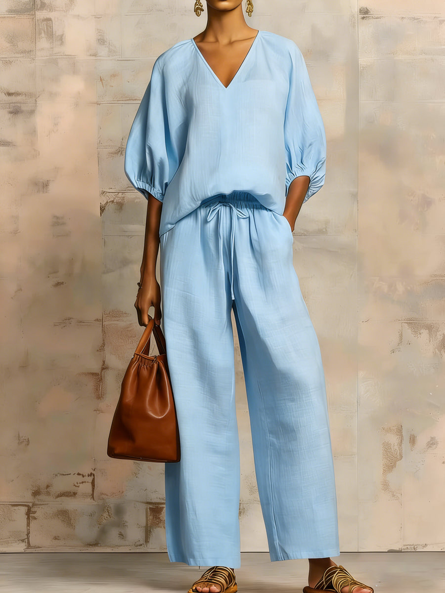 Women's Minimalist Casual Cotton-linen V-neck Set