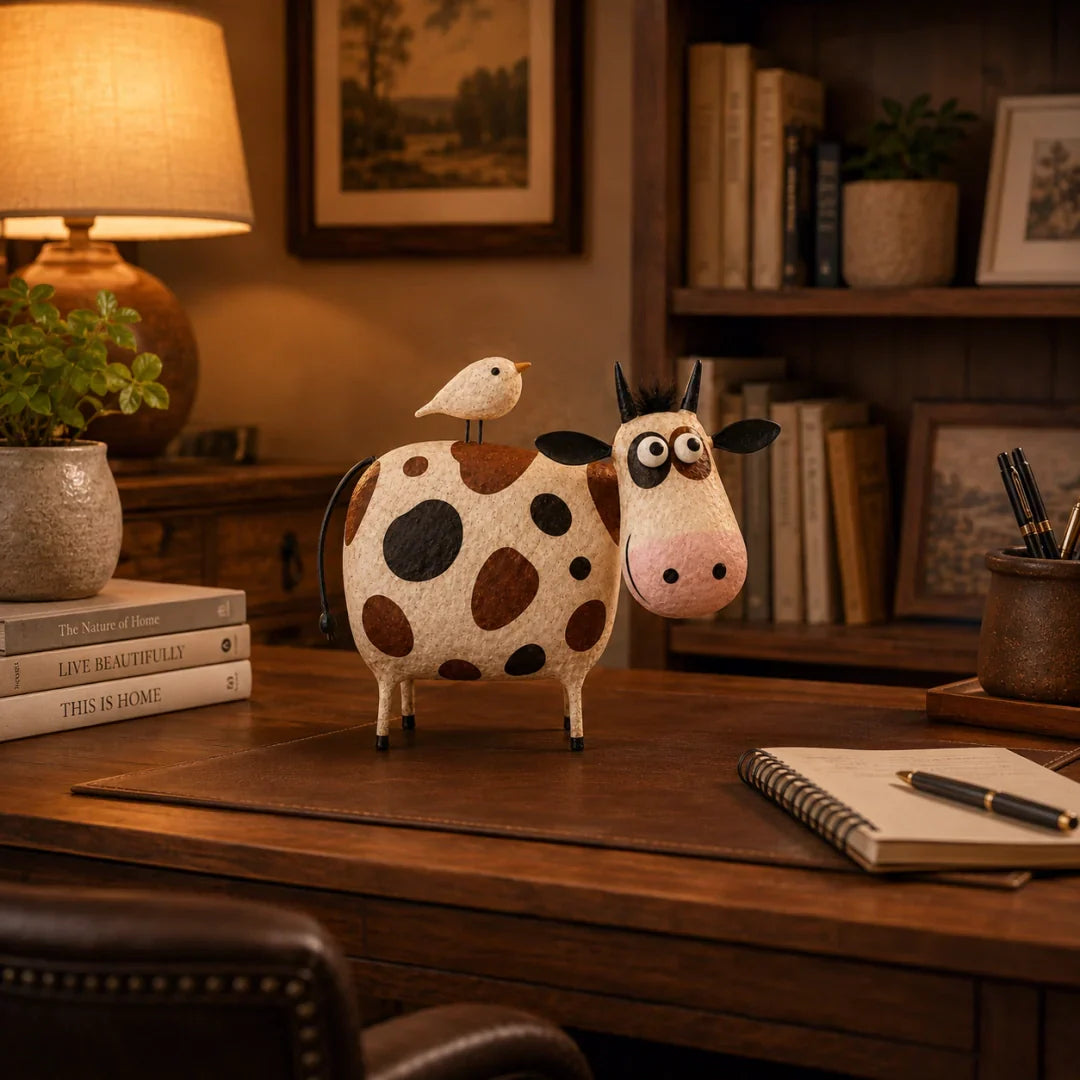 🐮 Whimsical Cow & Bird Folk Art Figurine – Charming Handmade-Inspired Decor for Your Home & Garden ✨