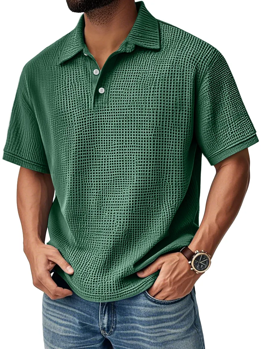 Men's Textured Grid-Pattern Short-Sleeve Polo Shirt