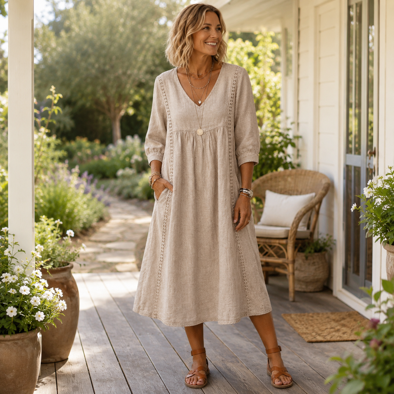 🌿 Effortless Elegance — Women’s Lace-Trim Midi Dress with Pockets ✨
