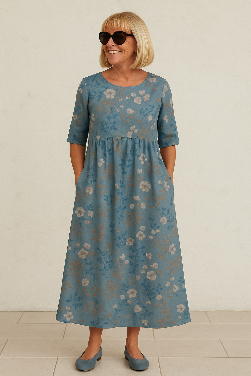 Elegant flowy mid-length floral linen dress