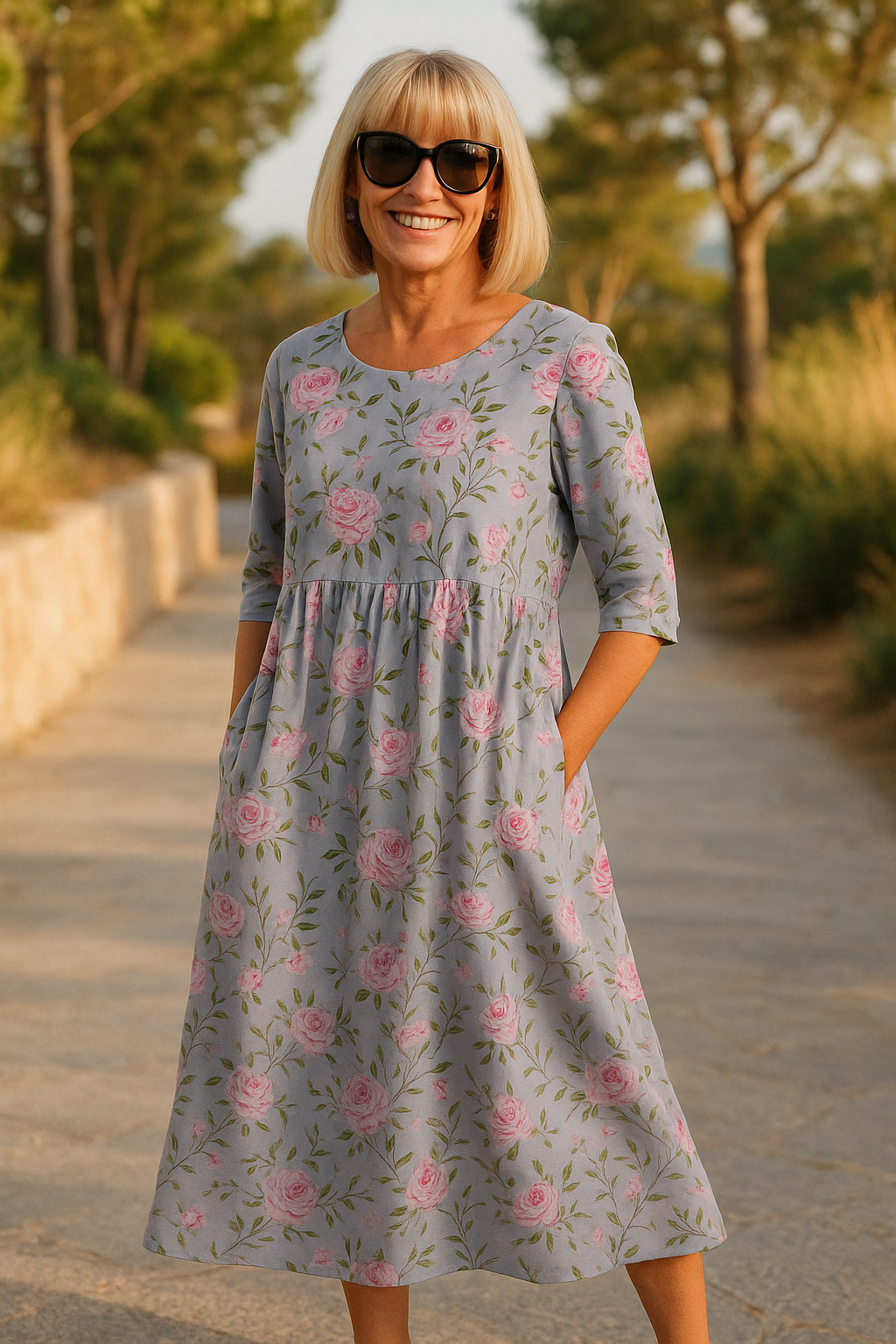 Elegant flowy mid-length floral linen dress