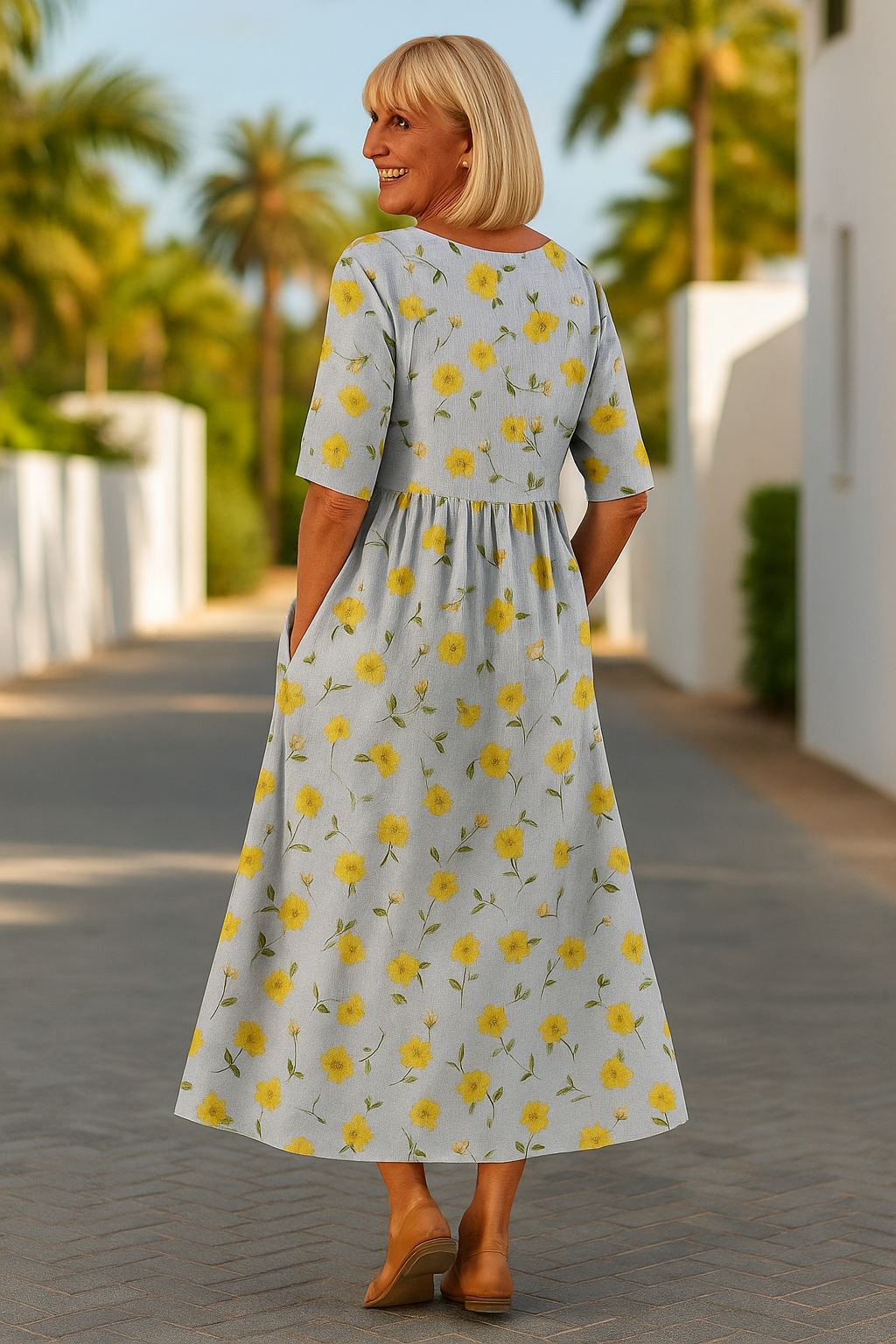 Elegant flowy mid-length floral linen dress