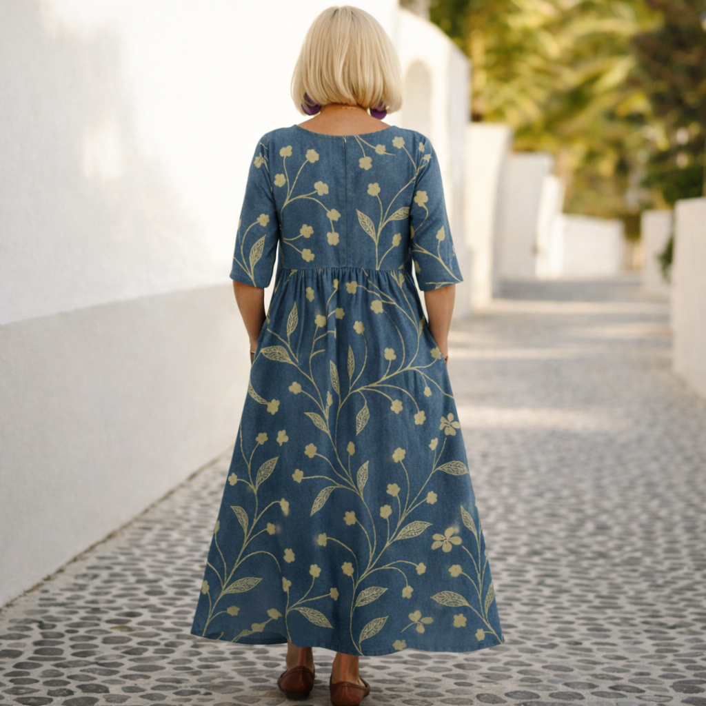 Elegant flowy mid-length floral linen dress