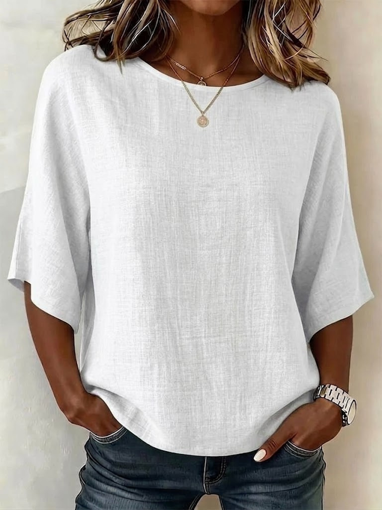 Damen Leichtes Lockeres Shirt mit Blattmuster, Rundhalsausschnitt und halblangen Ärmeln