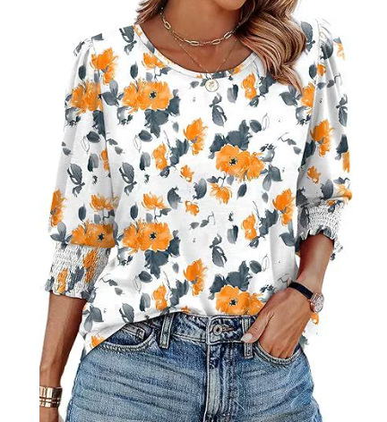 Damen lässiges Rundhals-3/4-Arm-Top Sommer bedrucktes Casual T-Shirt
