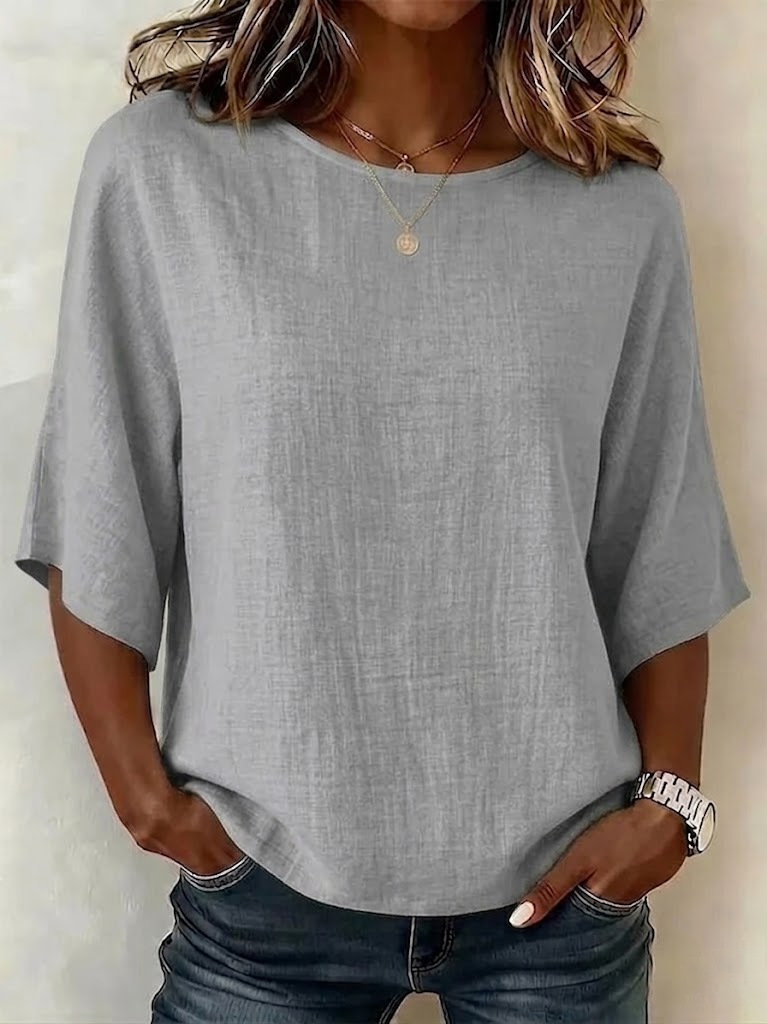 Damen Leichtes Lockeres Shirt mit Blattmuster, Rundhalsausschnitt und halblangen Ärmeln