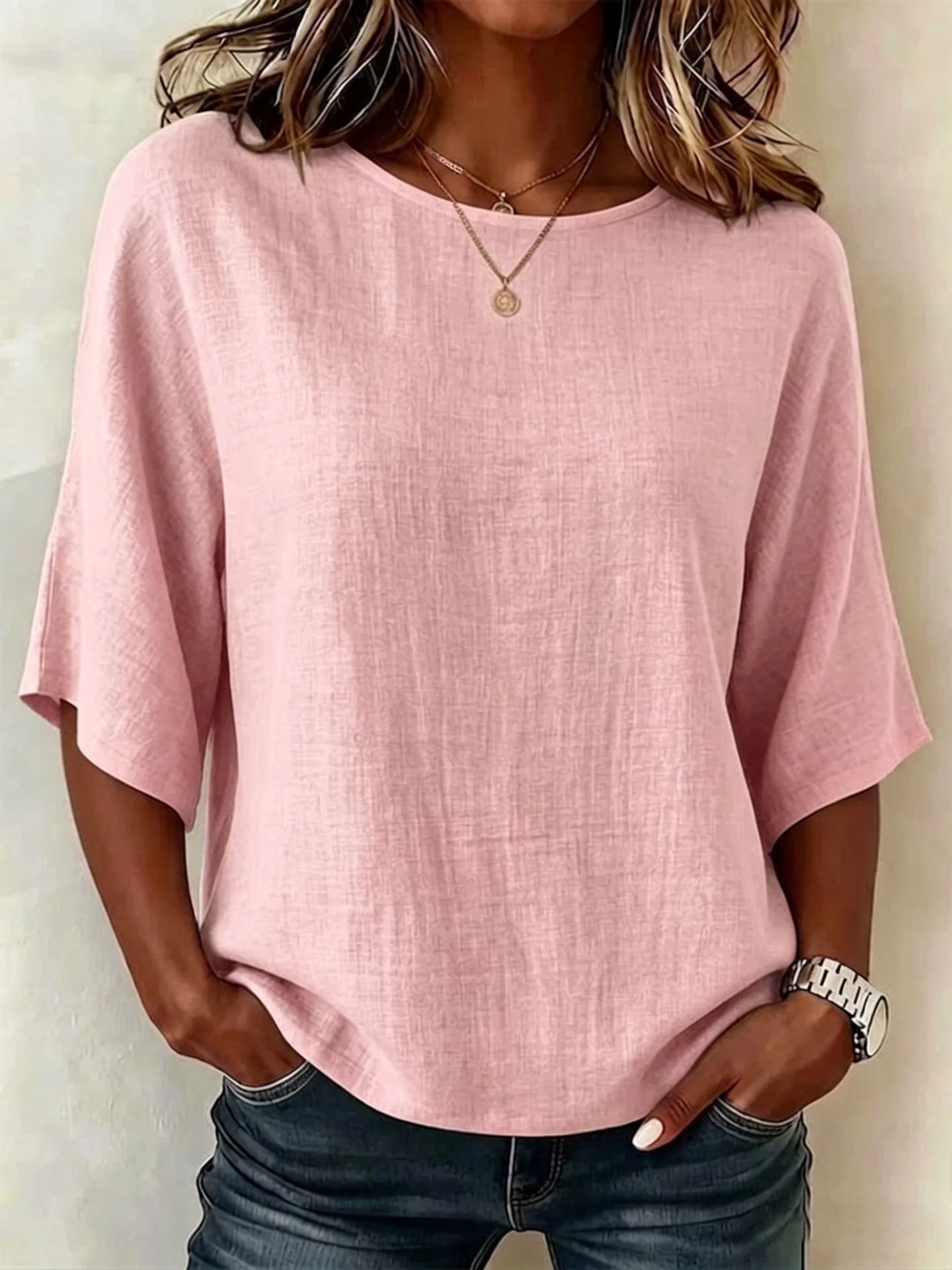 Damen Leichtes Lockeres Shirt mit Blattmuster, Rundhalsausschnitt und halblangen Ärmeln
