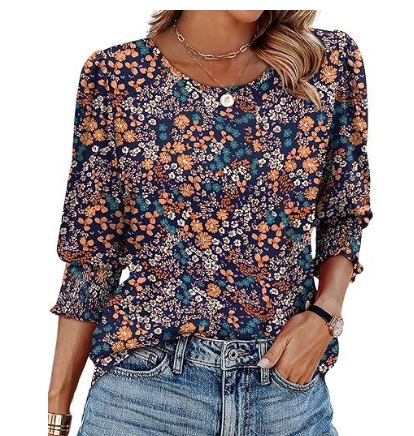 Damen lässiges Rundhals-3/4-Arm-Top Sommer bedrucktes Casual T-Shirt