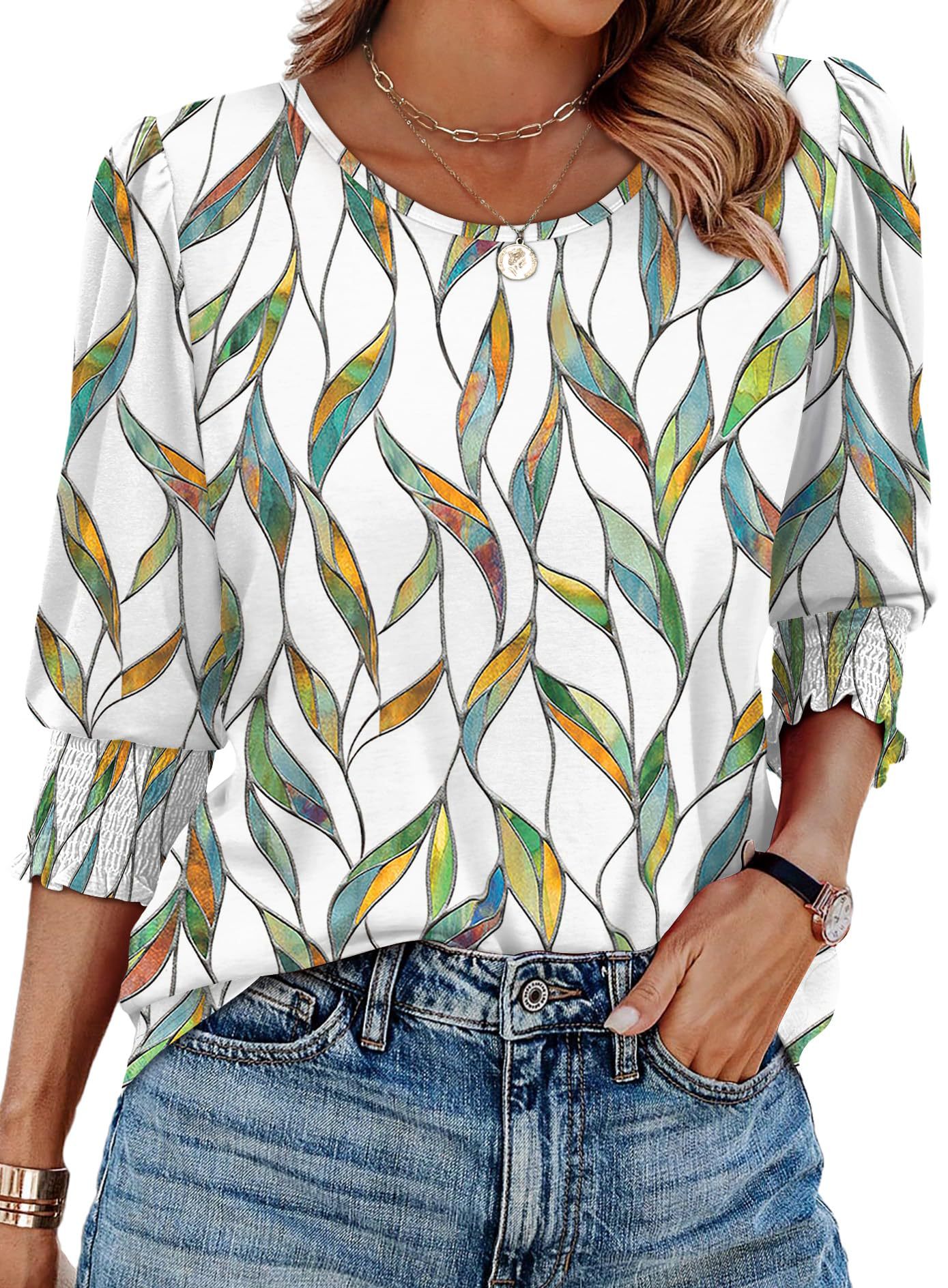 Damen lässiges Rundhals-3/4-Arm-Top Sommer bedrucktes Casual T-Shirt