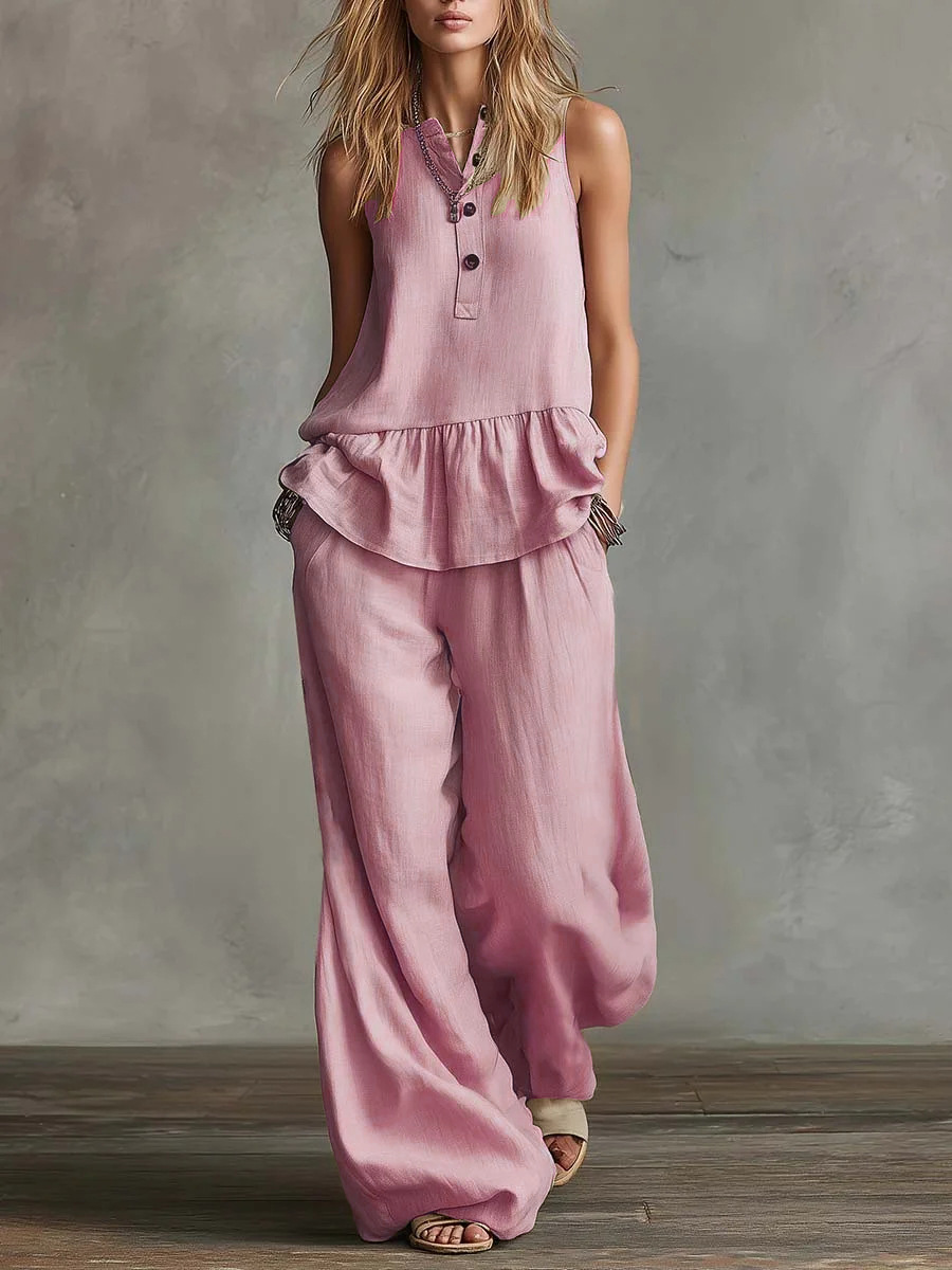 Women's Sleeveless Ruffle Hem Two-Piece Lounge Set – Casual Loose Fit Tank Top & Wide Leg Pants