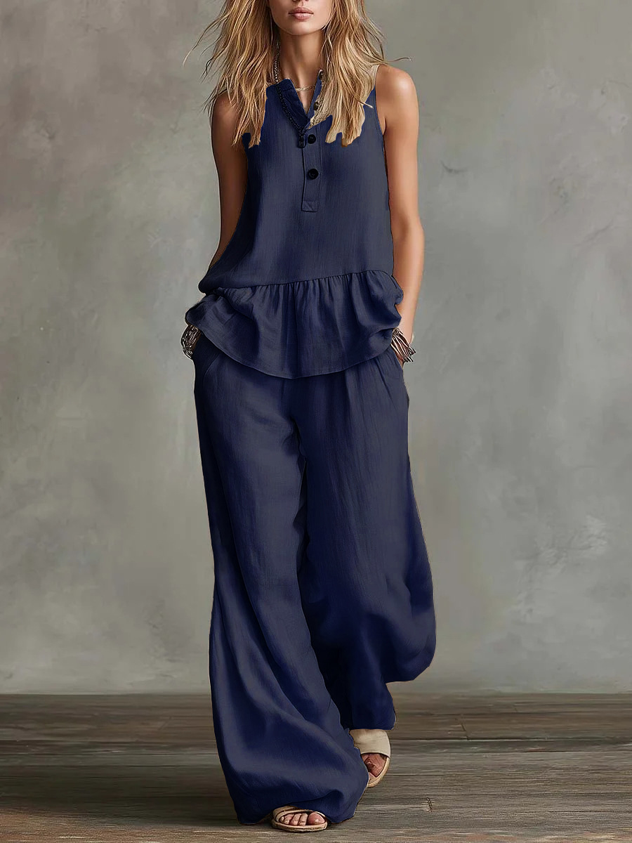 Women's Sleeveless Ruffle Hem Two-Piece Lounge Set – Casual Loose Fit Tank Top & Wide Leg Pants