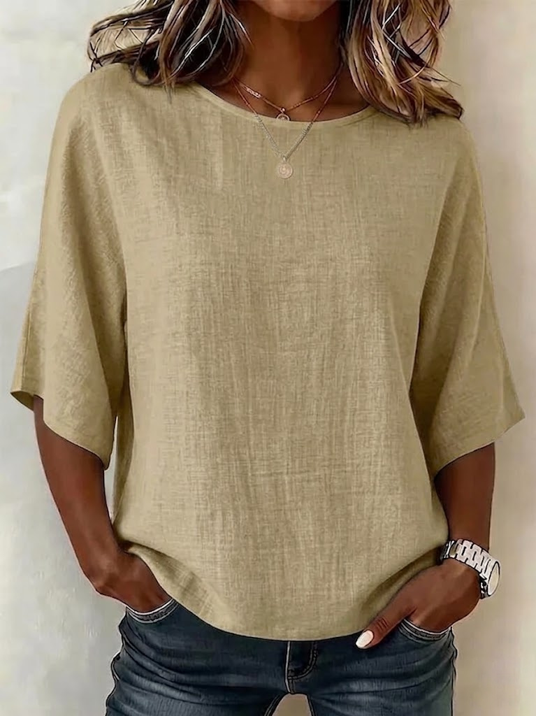Damen Leichtes Lockeres Shirt mit Blattmuster, Rundhalsausschnitt und halblangen Ärmeln
