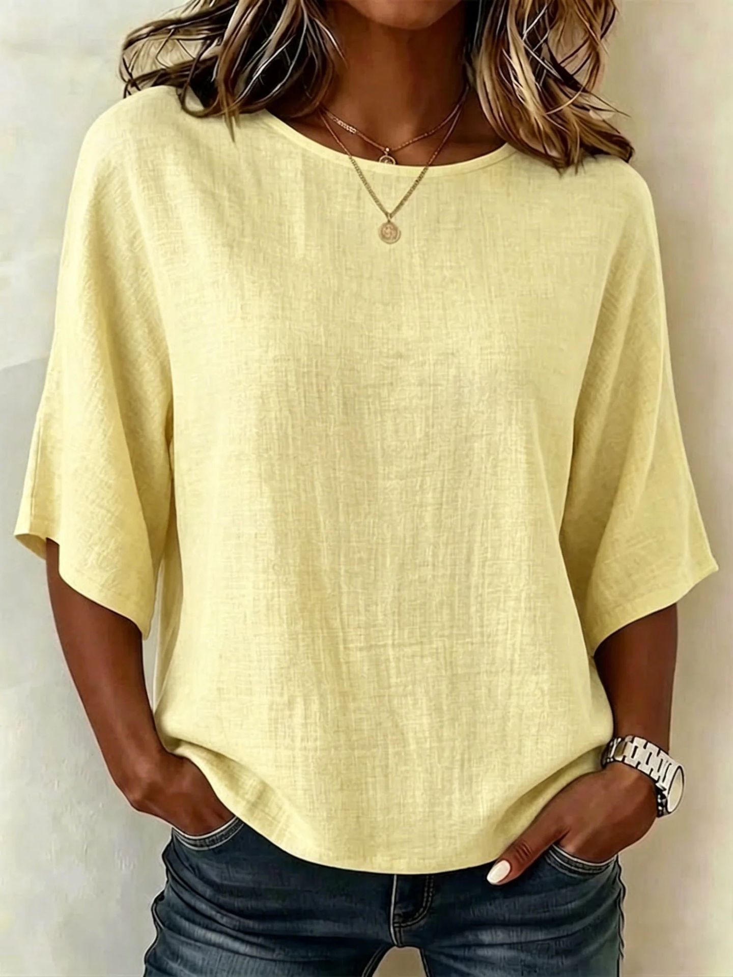 Damen Leichtes Lockeres Shirt mit Blattmuster, Rundhalsausschnitt und halblangen Ärmeln
