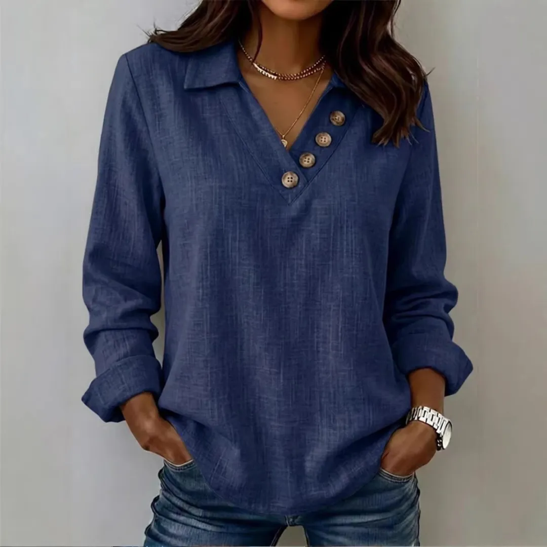 ✨✨✨ Damen Freizeitbluse mit Knopfdetails, V-Ausschnitt & langen Ärmeln – Lässiger Alltagsstil
