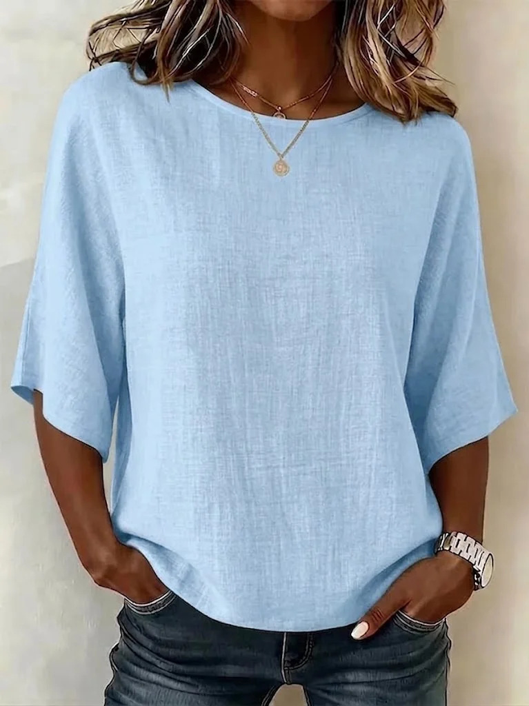 Damen Leichtes Lockeres Shirt mit Blattmuster, Rundhalsausschnitt und halblangen Ärmeln