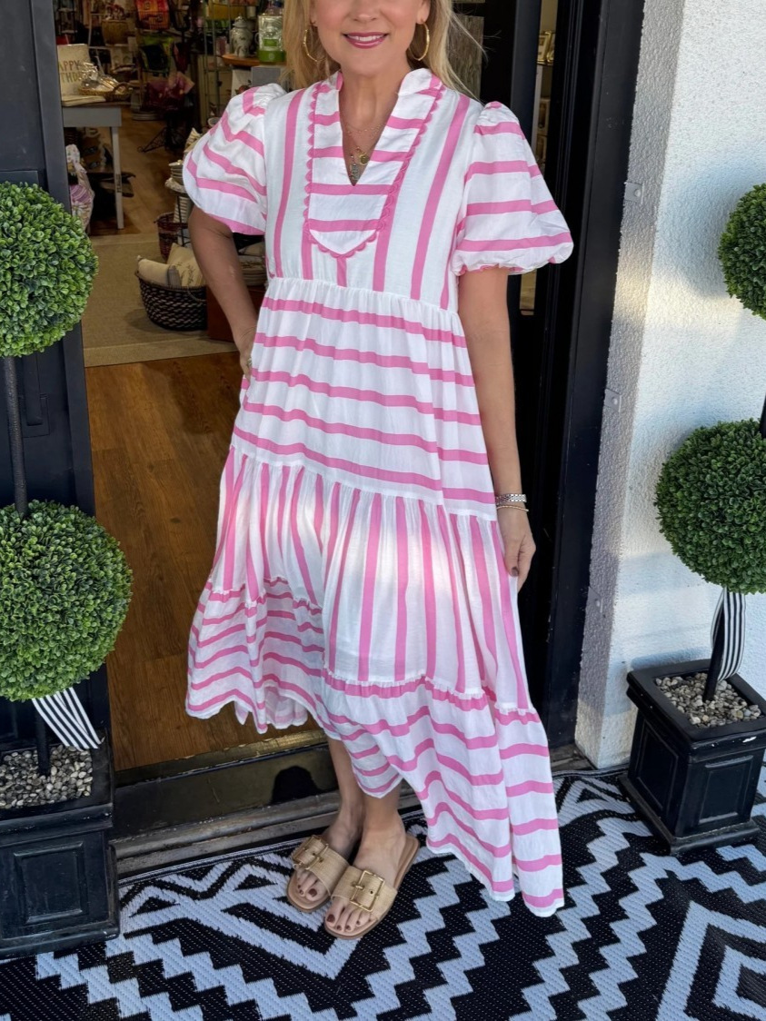 Robe rayée pour femme à manches bouffantes courtes avec poches
