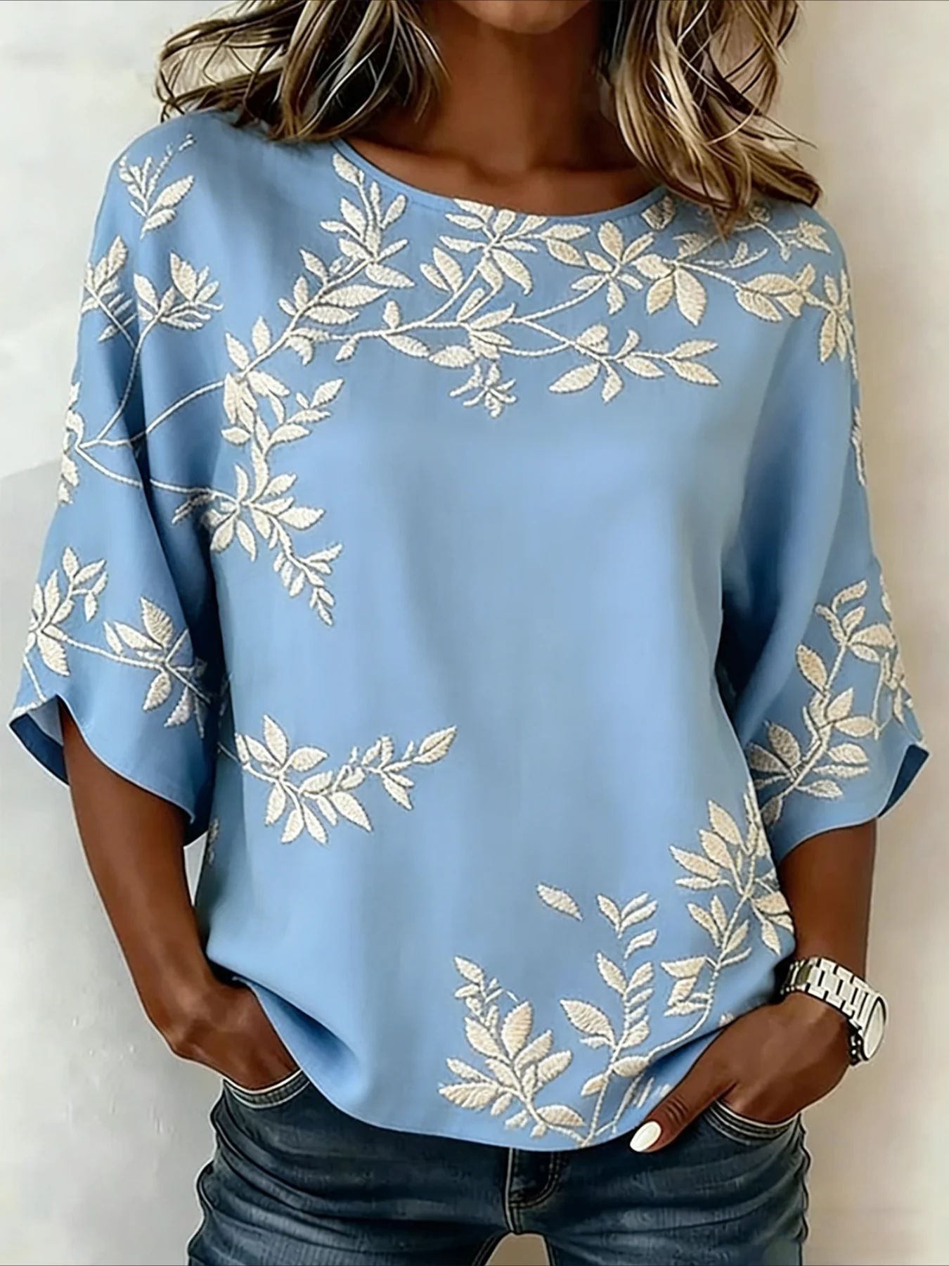 Damen Leichtes Lockeres Shirt mit Blattmuster, Rundhalsausschnitt und halblangen Ärmeln