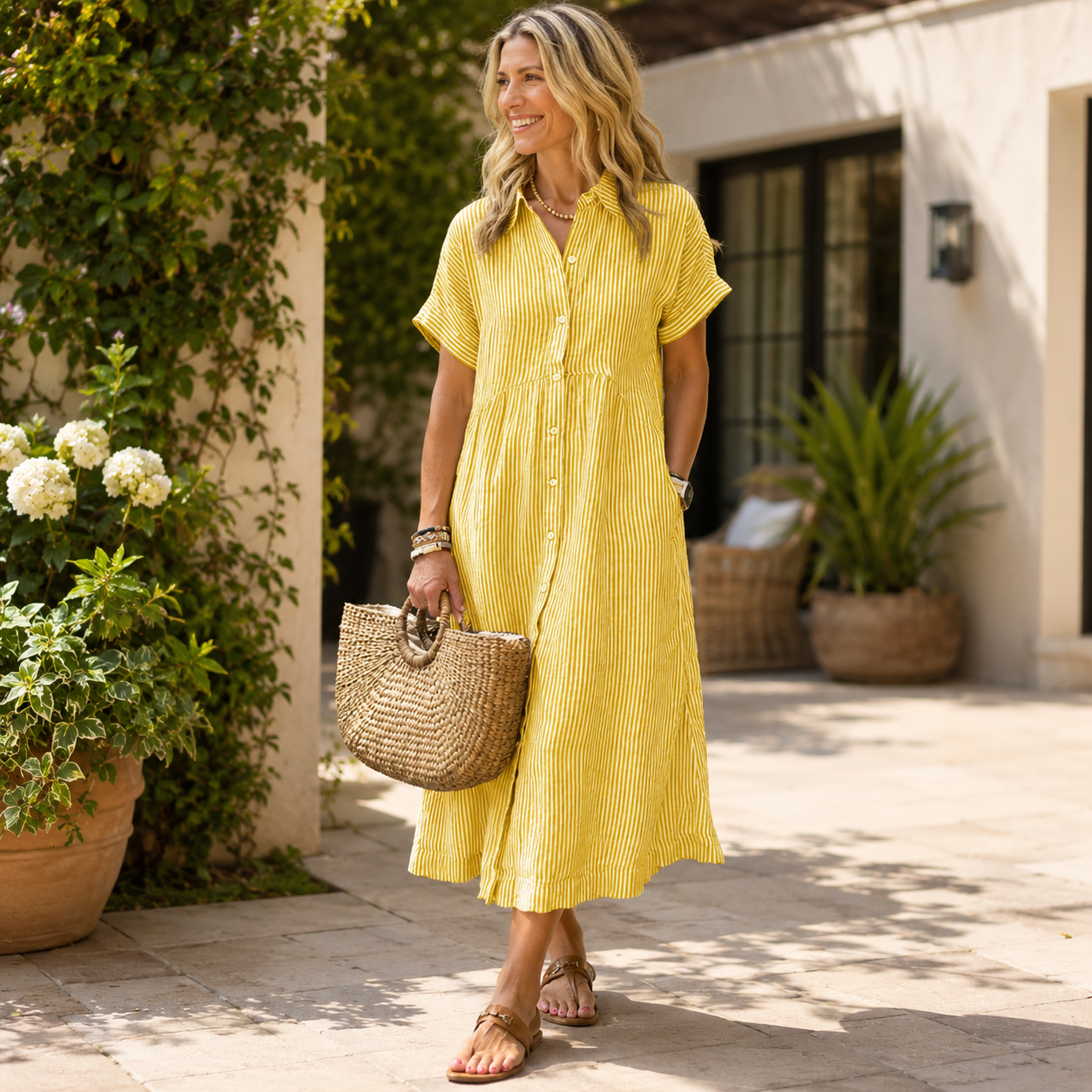 ☀️ Effortless Striped Button-Front Midi Dress – Breezy Everyday Style 🌿