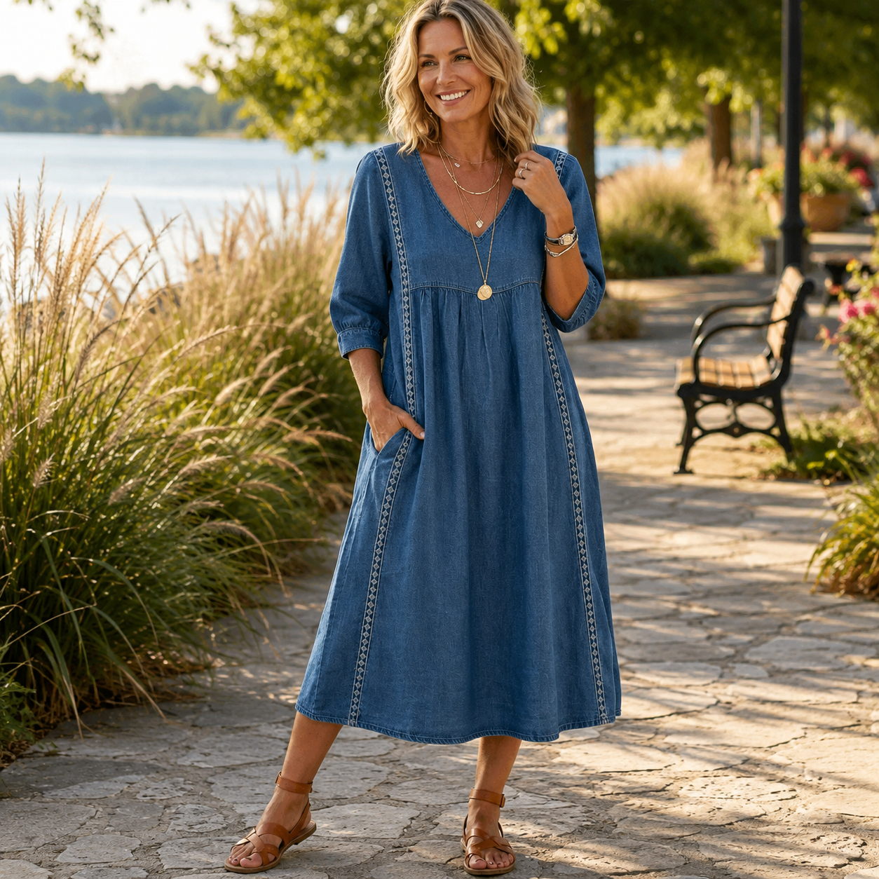 🌿 Effortless Elegance — Women’s Lace-Trim Midi Dress with Pockets ✨