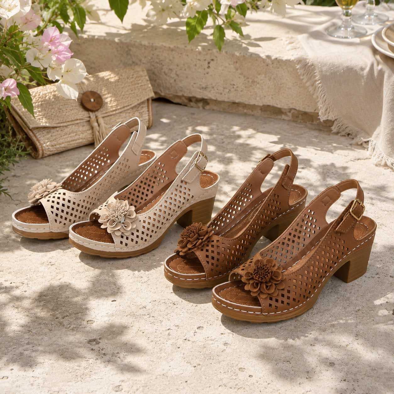 Achetez 2 (blanc cassé + marron) -15 % – 🌸Sandales Confort Femme à Talon Bloc – Ajourées, Fleuries et Réglables