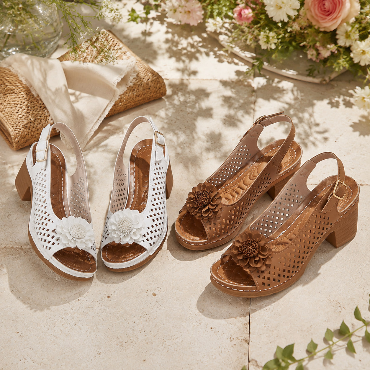 Achetez 2 (Blanc + marron) -15 % – 🌸Sandales Confort Femme à Talon Bloc – Ajourées, Fleuries et Réglables