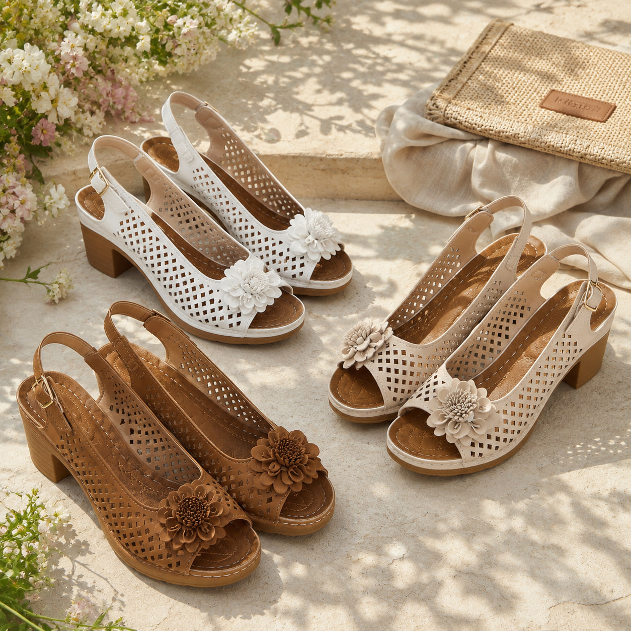 Achetez 3 (Blanc + blanc cassé + marron) -25 % – 🌸Sandales Confort Femme à Talon Bloc – Ajourées, Fleuries et Réglables