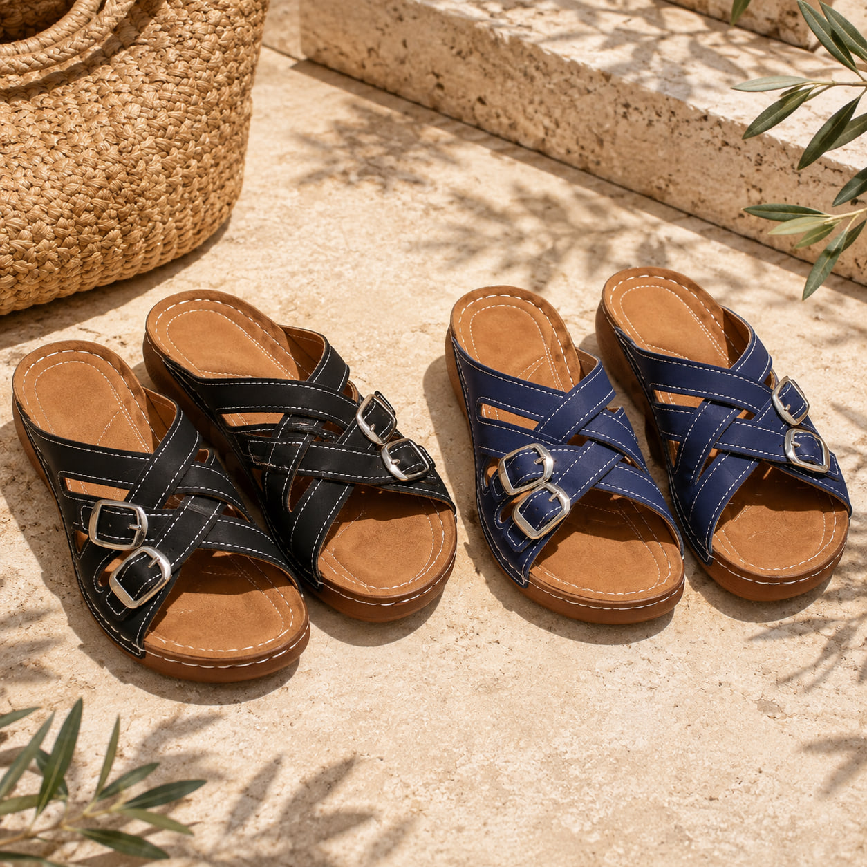 Achetez 2 (noir + bleu marine) -15 % – ☀️Sandales Confort Femme – Marchez Légèrement Toute la Journée