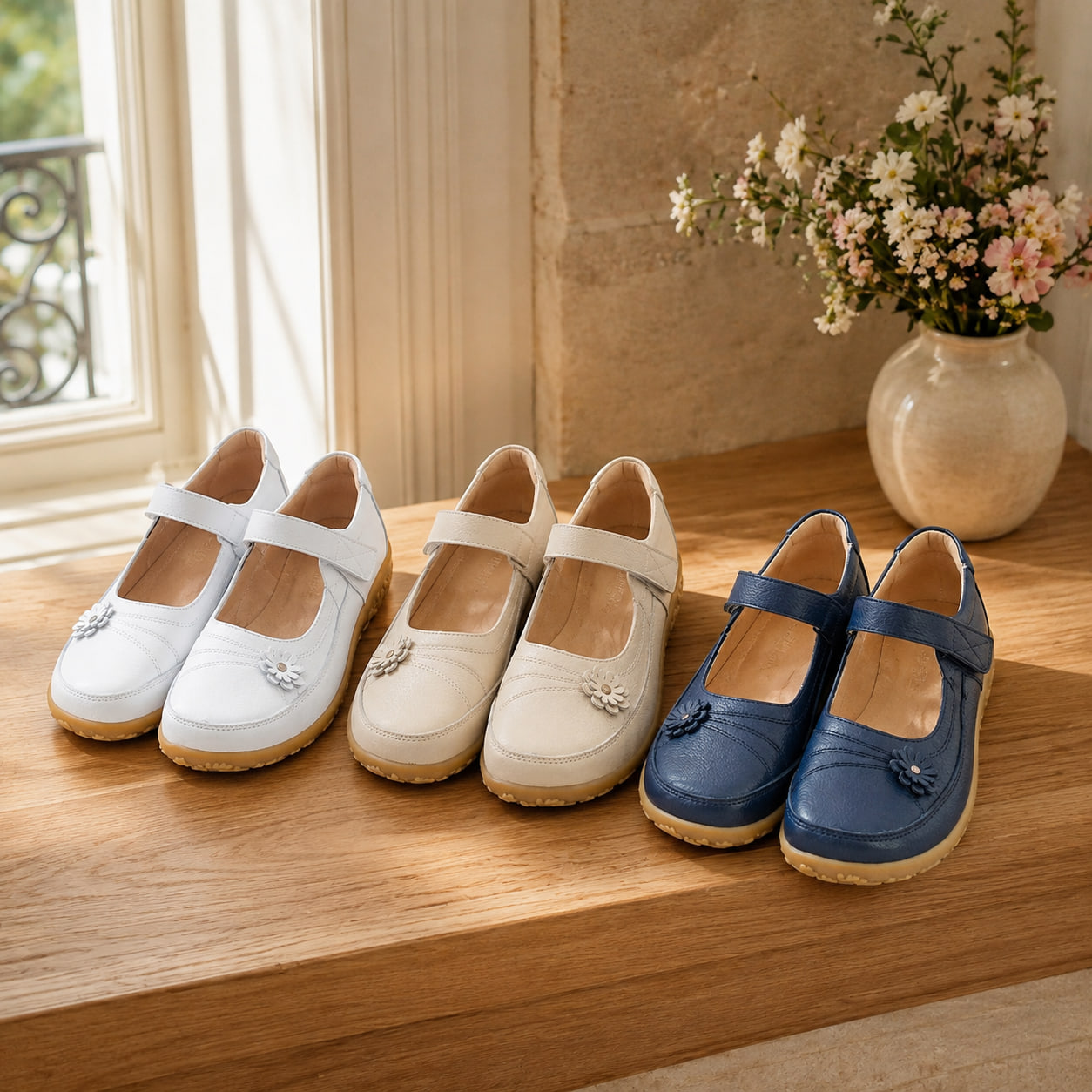 Achetez 3 (blanc + brun clair + bleu marine) -25 % – 🌸🌸🌸 Chaussures Confort Femme – Élégantes & Orthopédiques