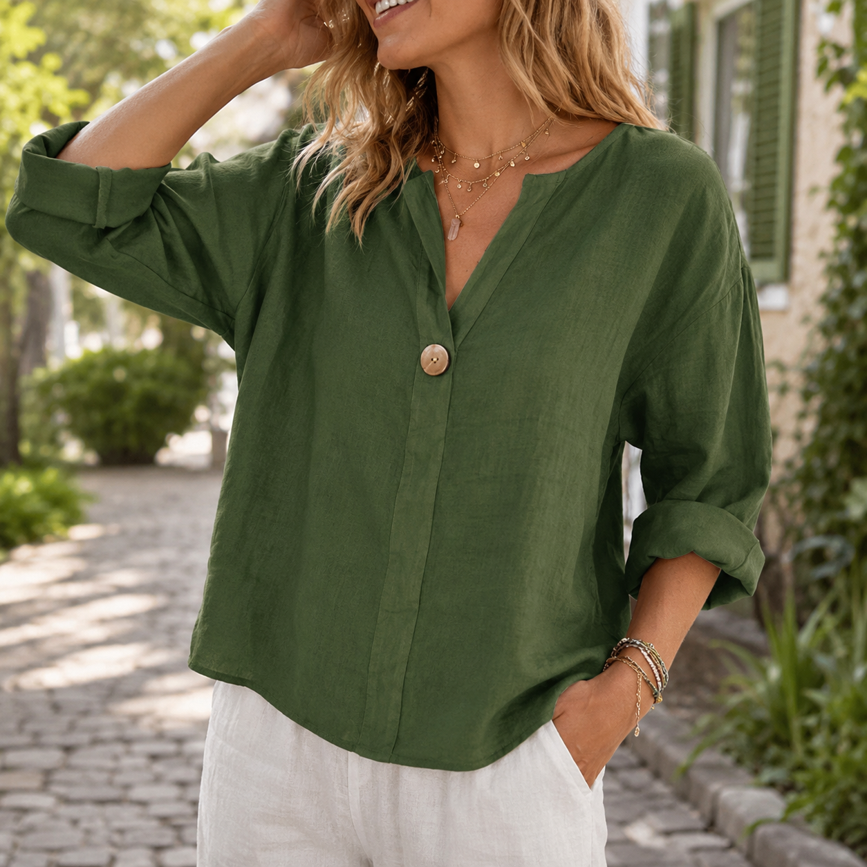 Airy Lightweight Women's Linen-Look Blouse with Relaxed Fit, Open Neckline & Decorative Button