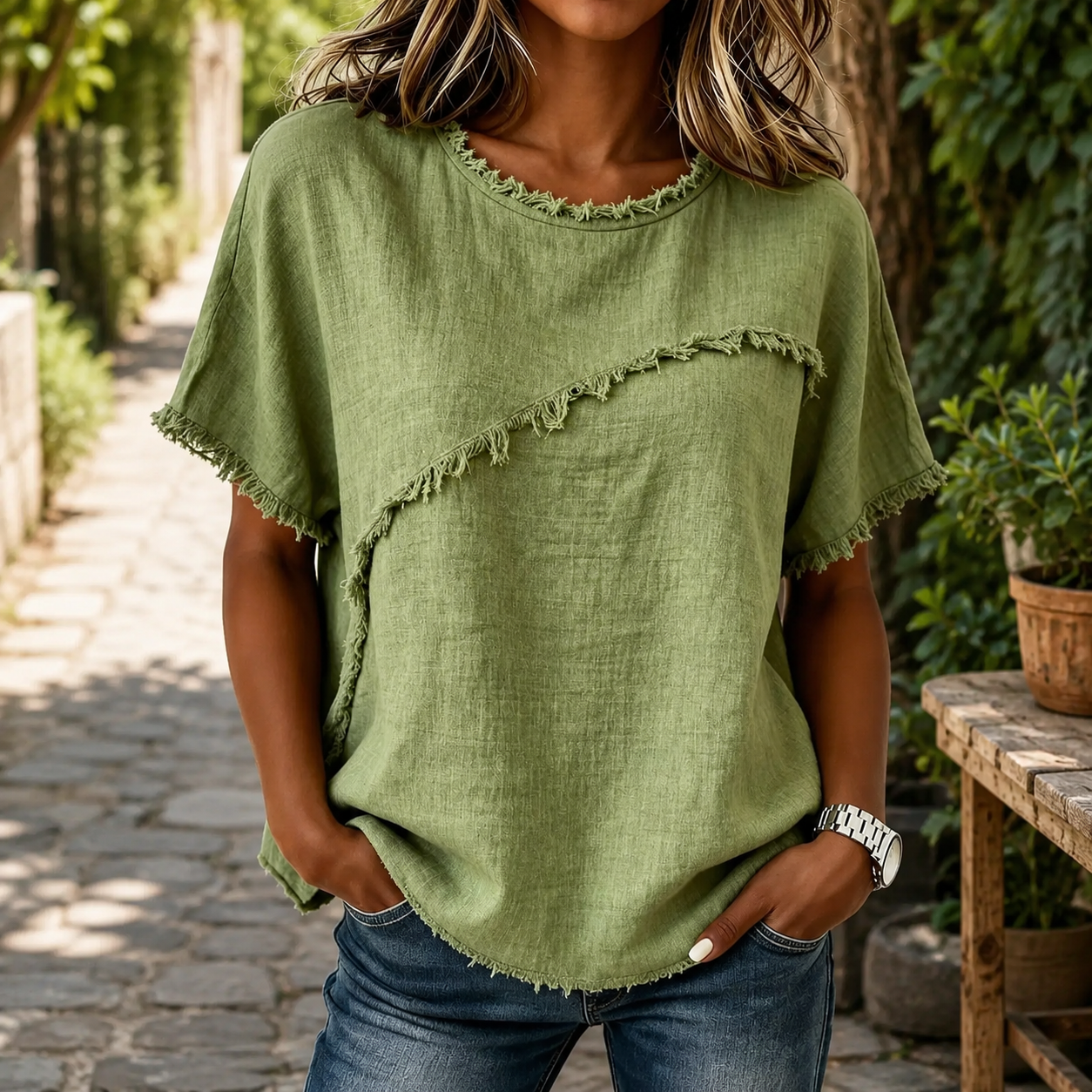 Casual Women's Linen-Look Blouse - Special Fringe, Relaxed Style