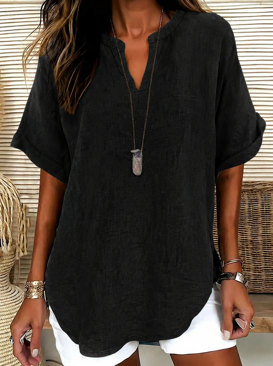 🔥Women's Plain Short Sleeve Blouse, Casual Solid Color Top for Daily Wear, Ladies Clothes for All Seasons